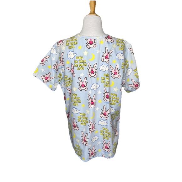 It’s Happy Bunny Jim Benton Scrub Top Women’s Size M Light Blue Pink White - Picture 3 of 6